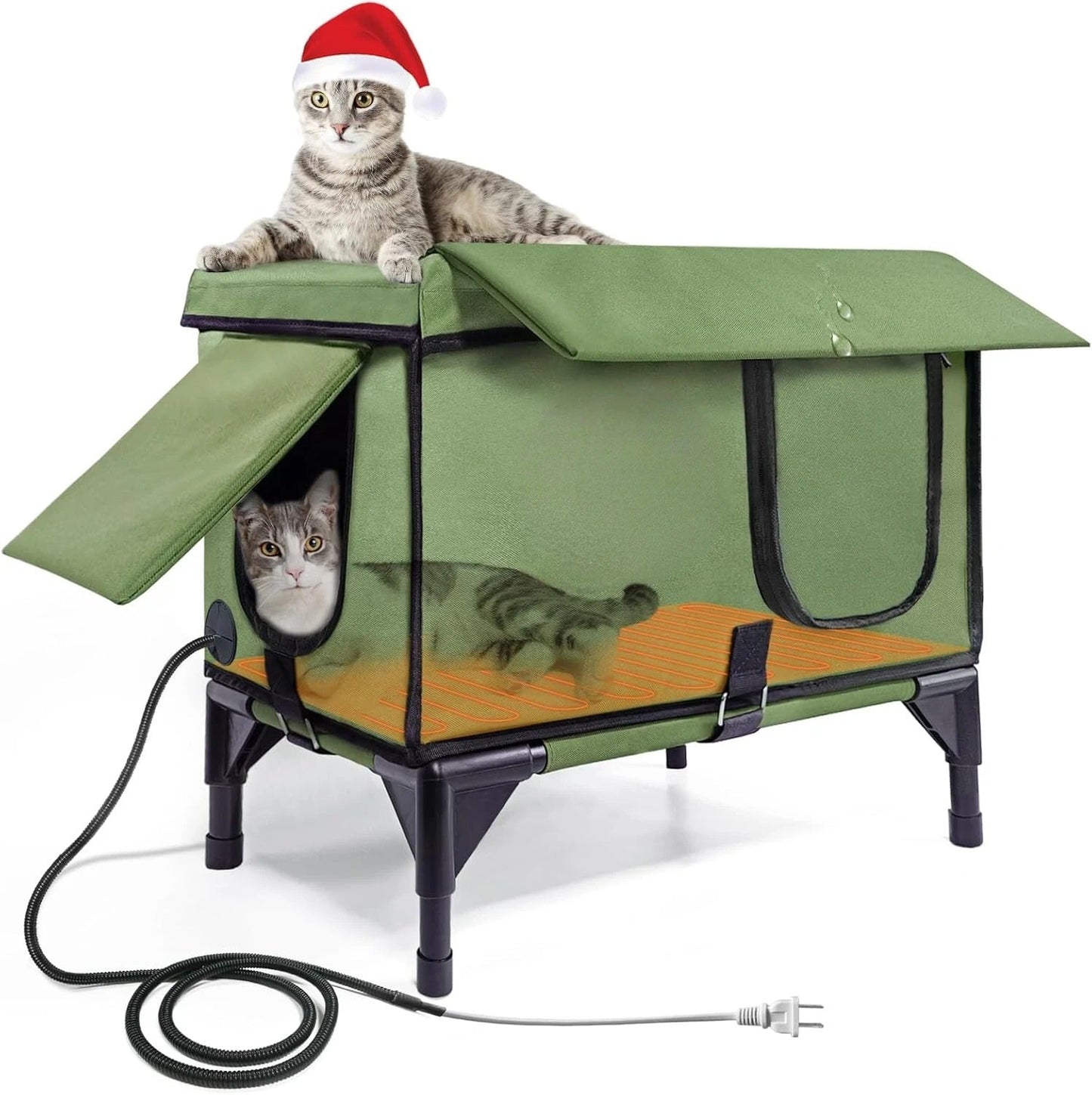 Medium Heated Outdoor Cat House – Waterproof Winter Shelter with Rainproof Eaves, Built-In Heater & Escape Doors – Ideal for Feral Cats