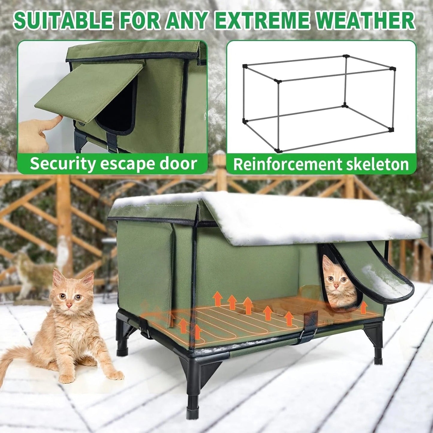 Medium Heated Outdoor Cat House – Waterproof Winter Shelter with Rainproof Eaves, Built-In Heater & Escape Doors – Ideal for Feral Cats