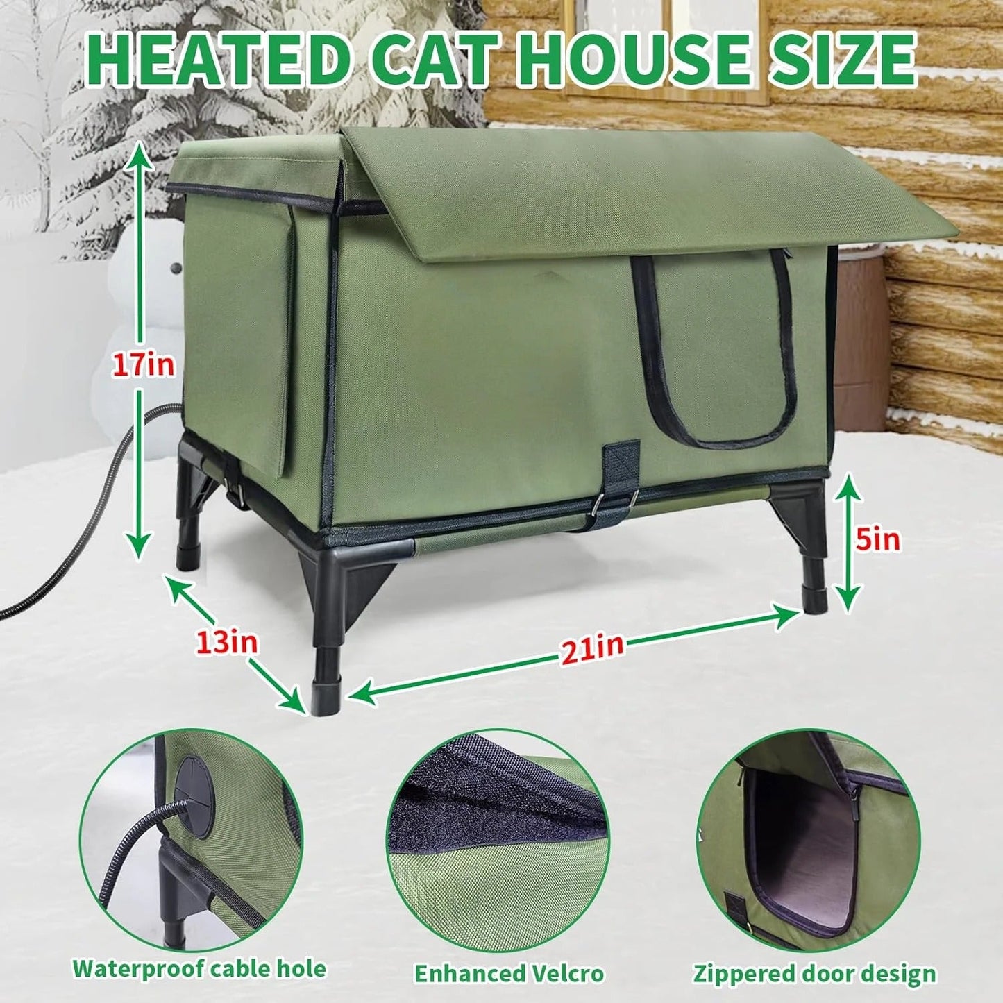 Medium Heated Outdoor Cat House – Waterproof Winter Shelter with Rainproof Eaves, Built-In Heater & Escape Doors – Ideal for Feral Cats