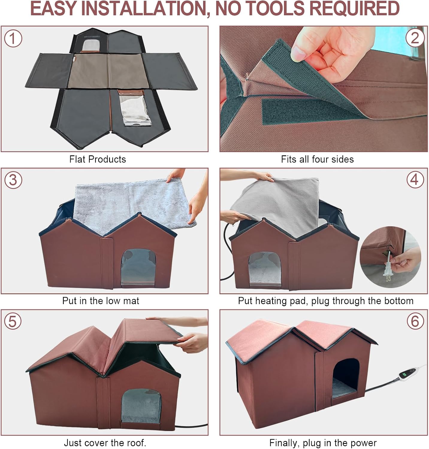 Large Heated Cat House – Insulated Indoor/Outdoor Shelter with Smart Thermostat, Double Rooms, Dual Doors & Removable Heating Pad – Foldable Design for All Seasons