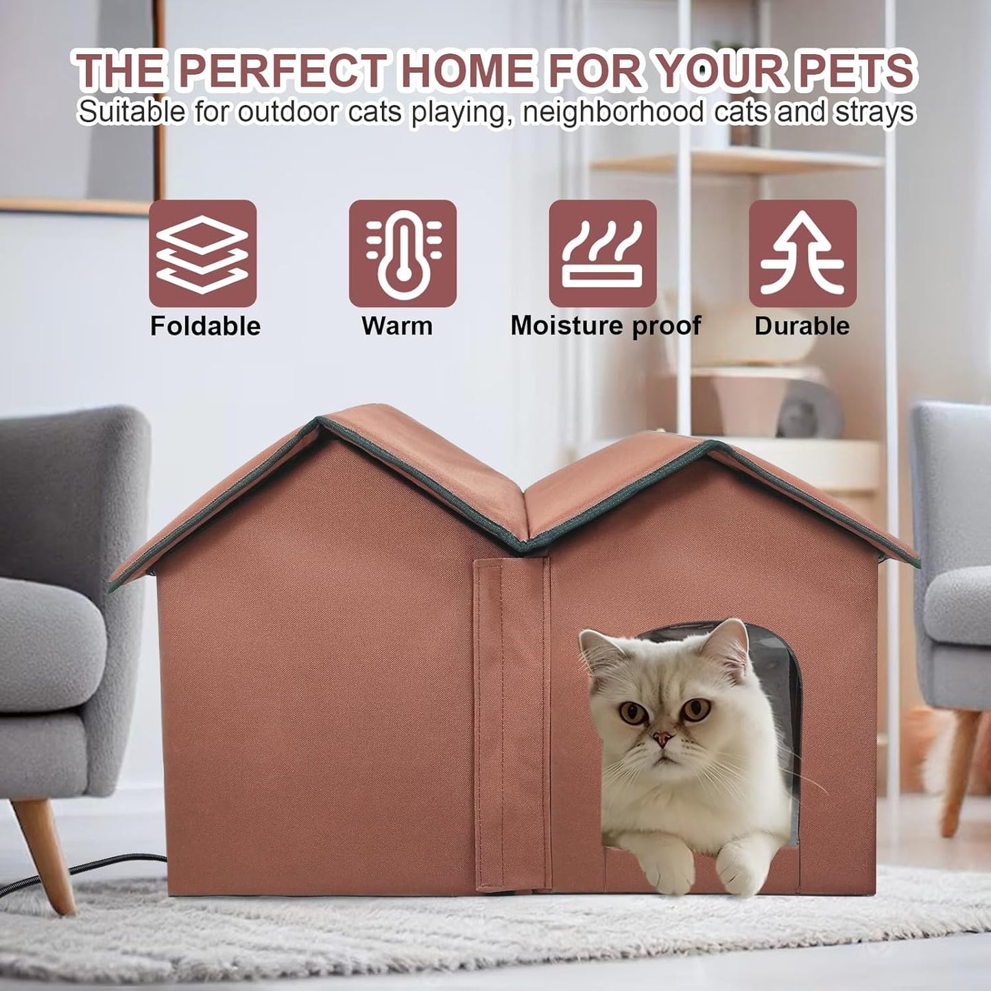 Large Heated Cat House – Insulated Indoor/Outdoor Shelter with Smart Thermostat, Double Rooms, Dual Doors & Removable Heating Pad – Foldable Design for All Seasons