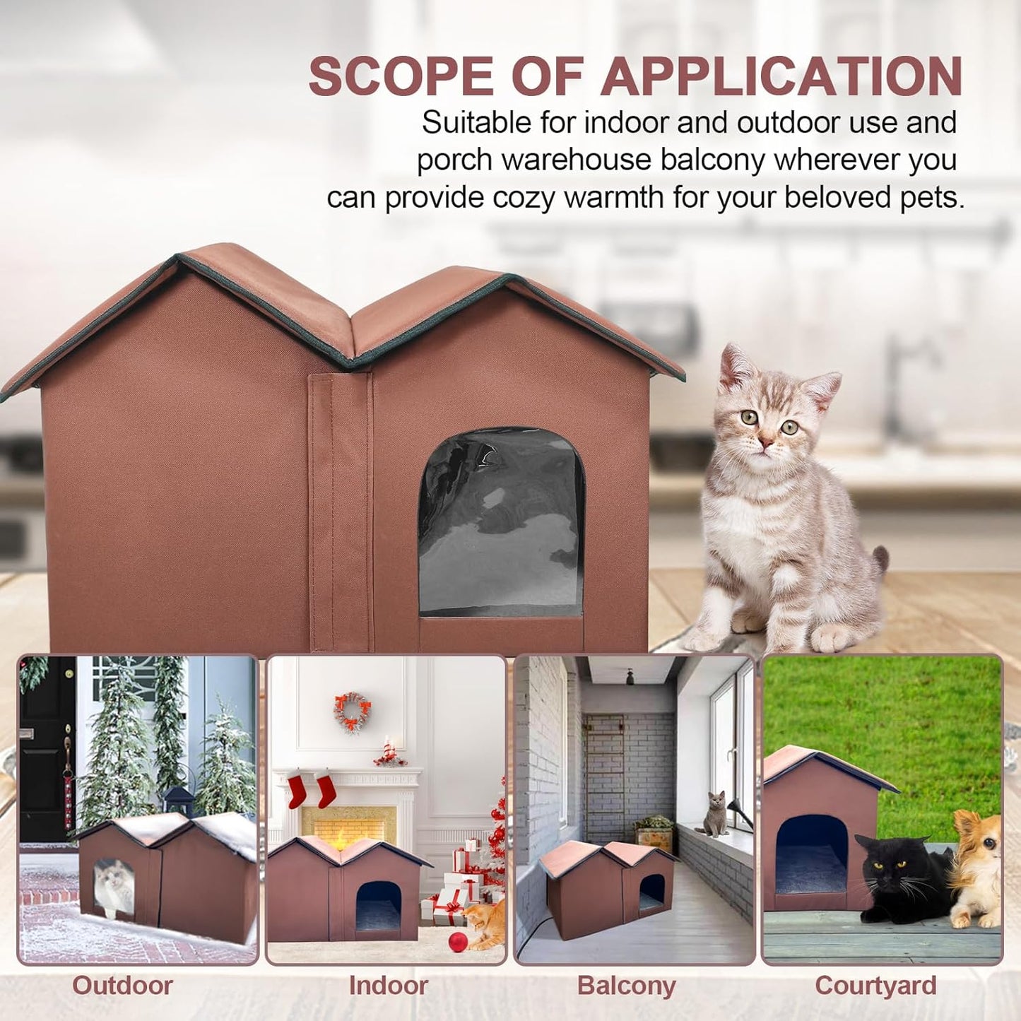 Large Heated Cat House – Insulated Indoor/Outdoor Shelter with Smart Thermostat, Double Rooms, Dual Doors & Removable Heating Pad – Foldable Design for All Seasons
