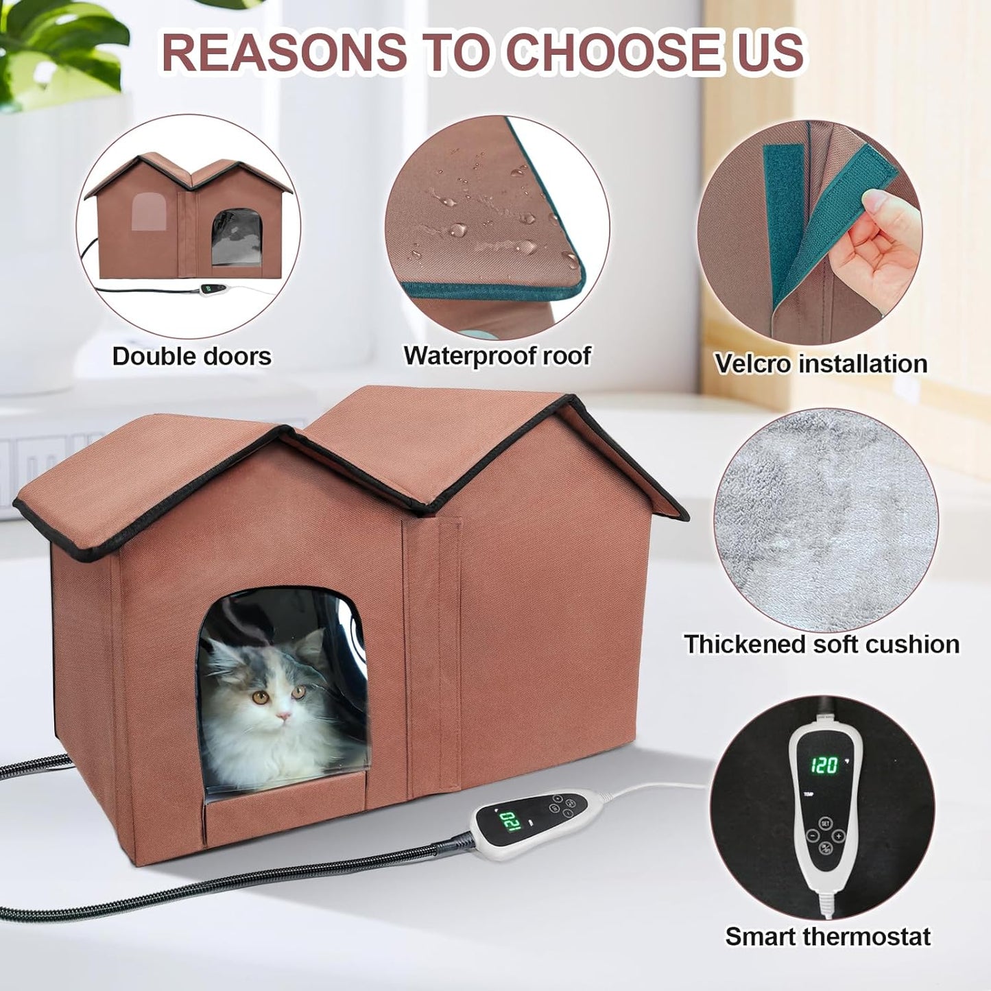 Large Heated Cat House – Insulated Indoor/Outdoor Shelter with Smart Thermostat, Double Rooms, Dual Doors & Removable Heating Pad – Foldable Design for All Seasons