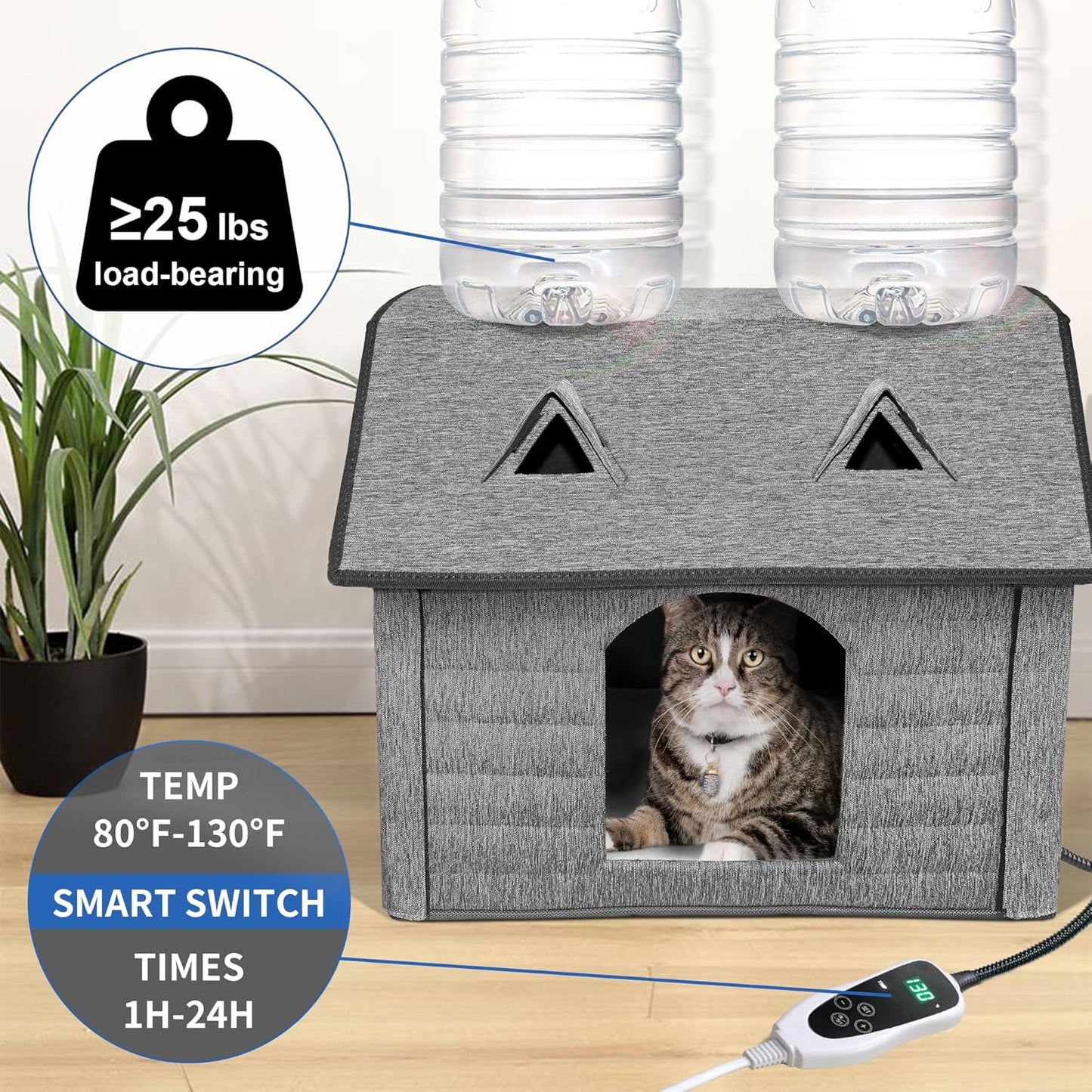 Heated Cat House for Indoor & Outdoor Use – Foldable Bed with Smart Thermostat, Waterproof Design, and Cozy Windows – Includes Pet Heating Pads for Cats & Puppies