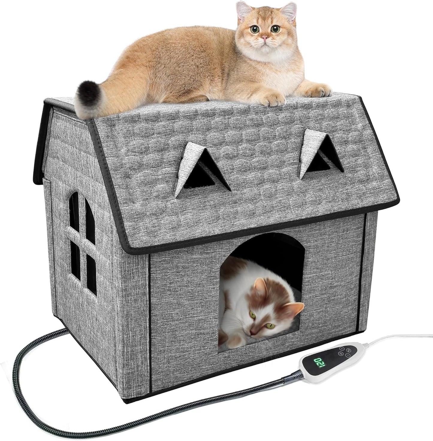 Heated Cat House for Indoor & Outdoor Use – Foldable Bed with Smart Thermostat, Waterproof Design, and Cozy Windows – Includes Pet Heating Pads for Cats & Puppies