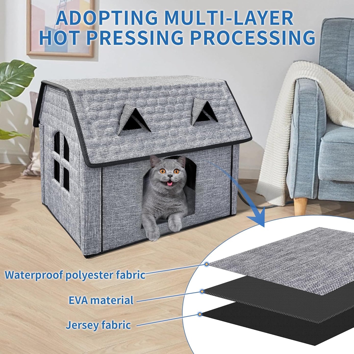 Heated Cat House for Indoor & Outdoor Use – Foldable Bed with Smart Thermostat, Waterproof Design, and Cozy Windows – Includes Pet Heating Pads for Cats & Puppies