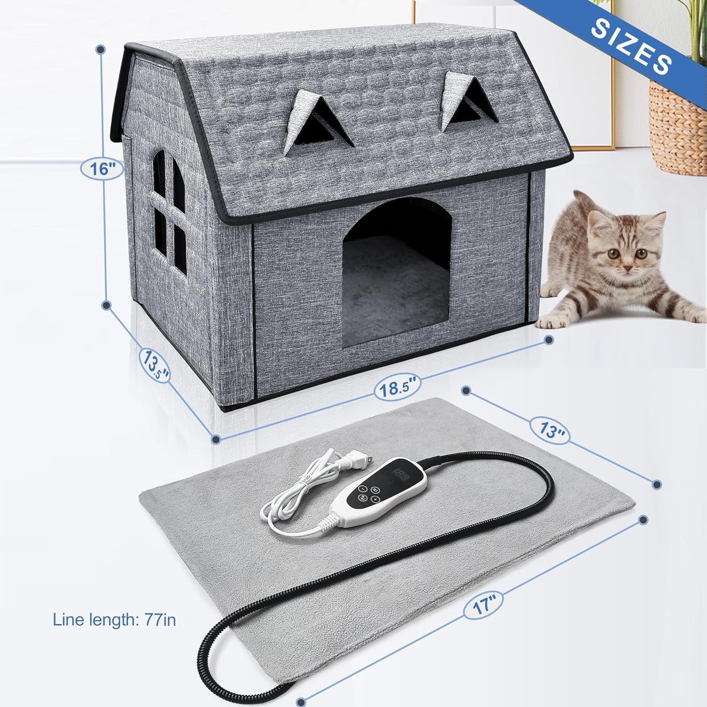 Heated Cat House for Indoor & Outdoor Use – Foldable Bed with Smart Thermostat, Waterproof Design, and Cozy Windows – Includes Pet Heating Pads for Cats & Puppies