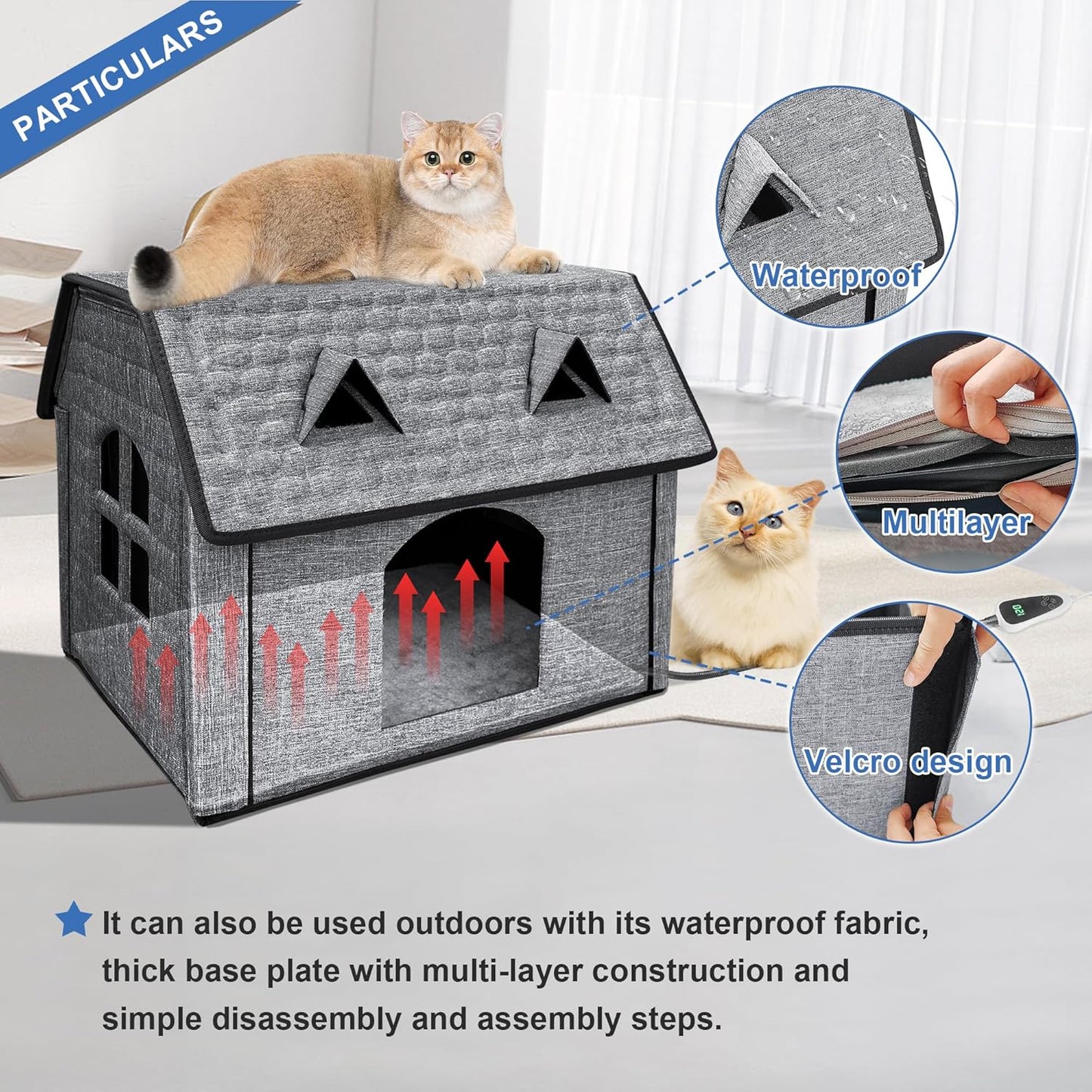Heated Cat House for Indoor & Outdoor Use – Foldable Bed with Smart Thermostat, Waterproof Design, and Cozy Windows – Includes Pet Heating Pads for Cats & Puppies