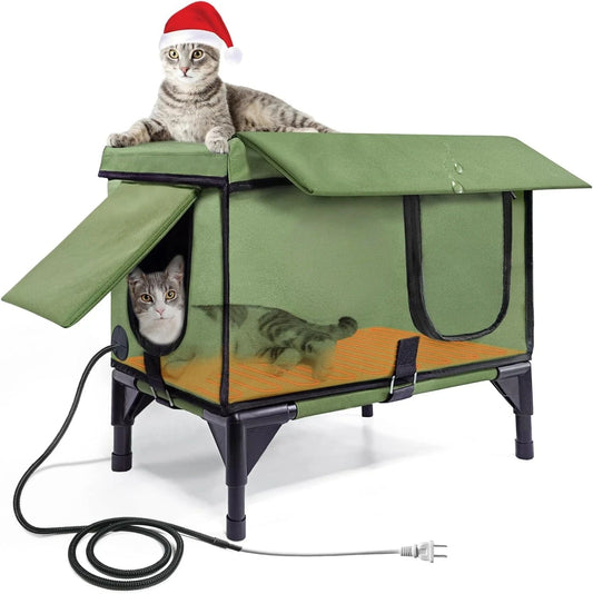 Outdoor Heated Cat House for Winter – Waterproof Shelter with Rainproof Eaves, Built-In Heater & Safety Escape Doors – Ideal for Feral Cats