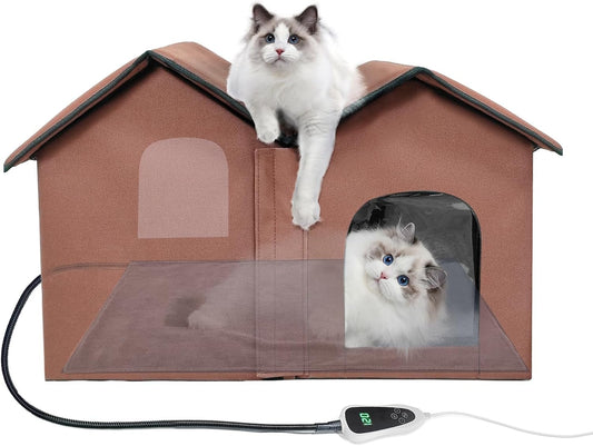 Large Heated Cat House – Insulated Indoor/Outdoor Shelter with Smart Thermostat, Double Rooms, Dual Doors & Removable Heating Pad – Foldable Design for All Seasons